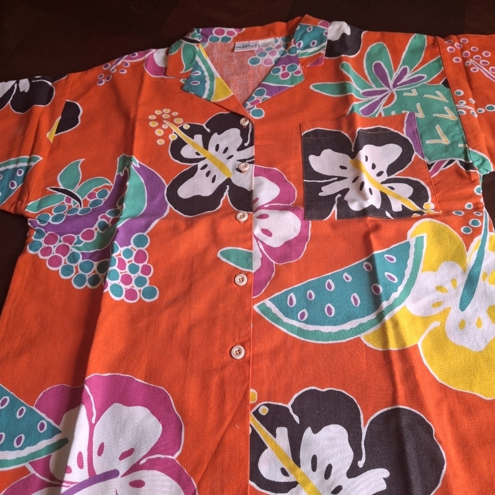Palmetto's Hawaiian Orange Button Short Sleeve Summer Blouse Women Size Medium - Picture 7 of 11